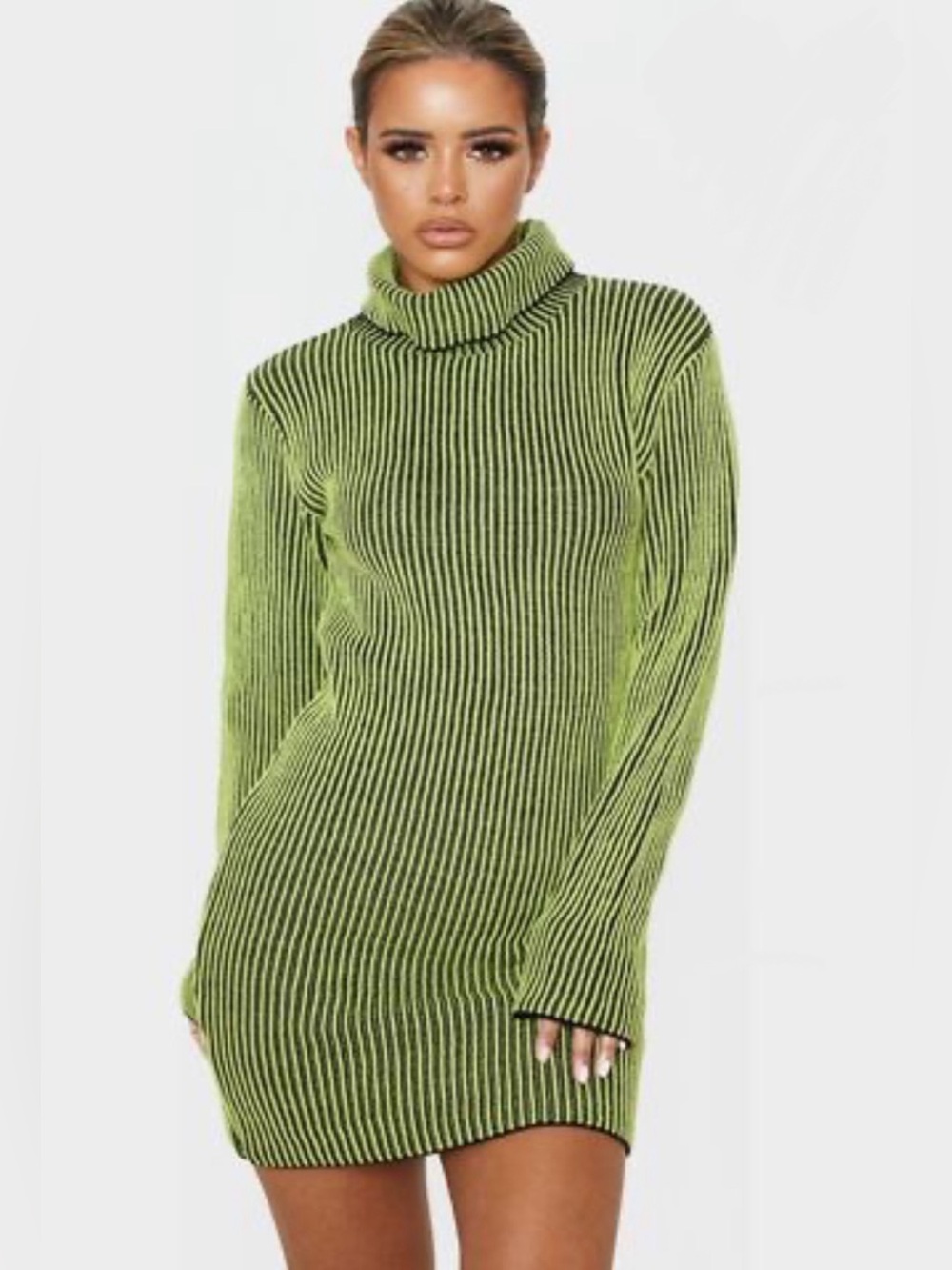 PrettyLittleThing Petite Neon Green Knitted Rib Long Sleeve Mini Dress Size M
